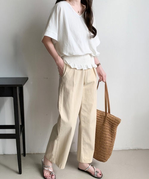 Miniministore(ミニミニストア)の「ウエストシャーリングVネックブラウス半袖(シャツ/ブラウス・レディース・ネイビー/ダークグレー/ベージュ/ホワイト/グリーン/ブラック・FREE)」の18枚目の写真