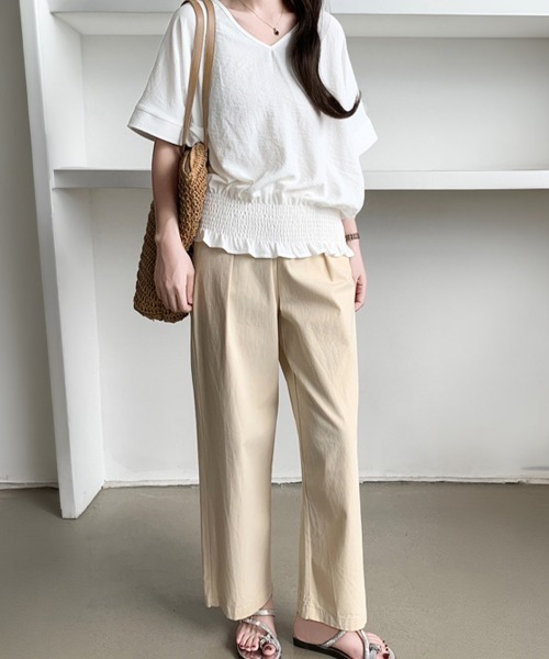 Miniministore(ミニミニストア)の「ウエストシャーリングVネックブラウス半袖(シャツ/ブラウス・レディース・ネイビー/ダークグレー/ベージュ/ホワイト/グリーン/ブラック・FREE)」の19枚目の写真