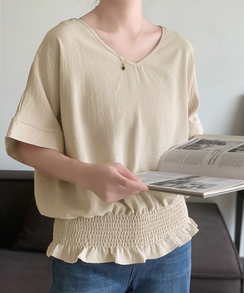 Miniministore(ミニミニストア)の「ウエストシャーリングVネックブラウス半袖(シャツ/ブラウス・レディース・ネイビー/ダークグレー/ベージュ/ホワイト/グリーン/ブラック・FREE)」の20枚目の写真