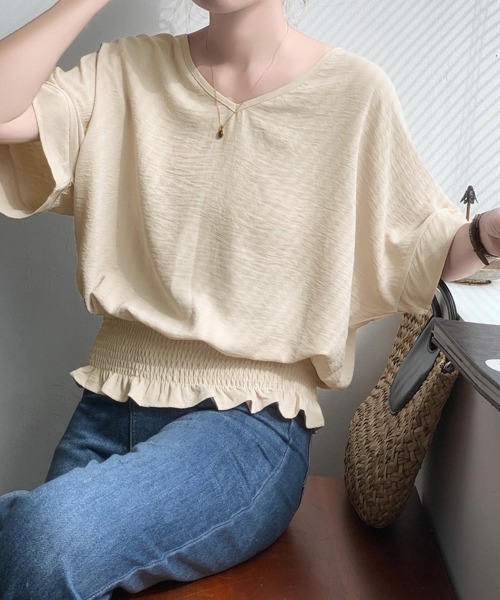 Miniministore(ミニミニストア)の「ウエストシャーリングVネックブラウス半袖(シャツ/ブラウス・レディース・ネイビー/ダークグレー/ベージュ/ホワイト/グリーン/ブラック・FREE)」の21枚目の写真