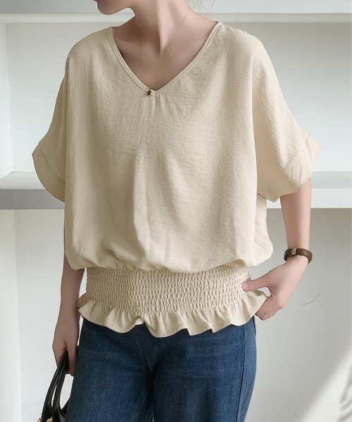 Miniministore(ミニミニストア)の「ウエストシャーリングVネックブラウス半袖(シャツ/ブラウス・レディース・ネイビー/ダークグレー/ベージュ/ホワイト/グリーン/ブラック・FREE)」の22枚目の写真