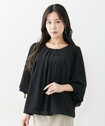 【大きい胸専用】フロントタックデザインフレア7分袖ジョーゼットブラウス(カットソー裏地付)