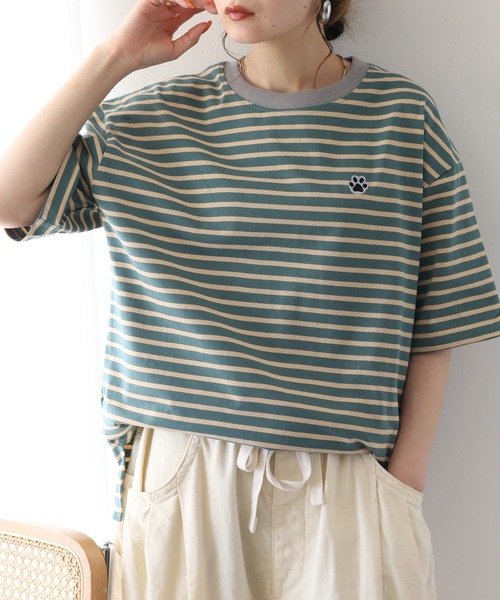 FUNALIVE(ファンアライブ)の「1ポイント刺繍五分袖Tシャツ 肉球(Tシャツ/カットソー・レディース・ホワイト×ネイビー/ネイビー×ホワイト/グリーン系1・L/M)」の1枚目の写真