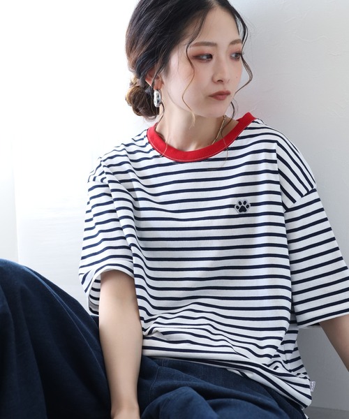 FUNALIVE(ファンアライブ)の「1ポイント刺繍五分袖Tシャツ 肉球(Tシャツ/カットソー・レディース・ホワイト×ネイビー/ネイビー×ホワイト/グリーン系1・L/M)」の2枚目の写真