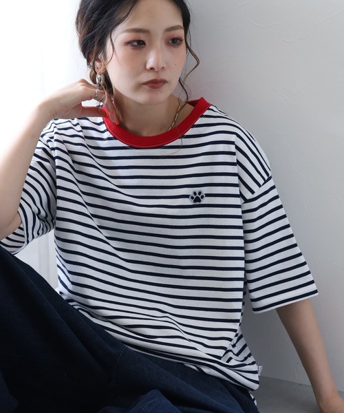 FUNALIVE(ファンアライブ)の「1ポイント刺繍五分袖Tシャツ 肉球(Tシャツ/カットソー・レディース・ホワイト×ネイビー/ネイビー×ホワイト/グリーン系1・L/M)」の4枚目の写真