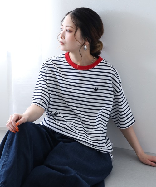 FUNALIVE(ファンアライブ)の「1ポイント刺繍五分袖Tシャツ 肉球(Tシャツ/カットソー・レディース・ホワイト×ネイビー/ネイビー×ホワイト/グリーン系1・L/M)」の5枚目の写真