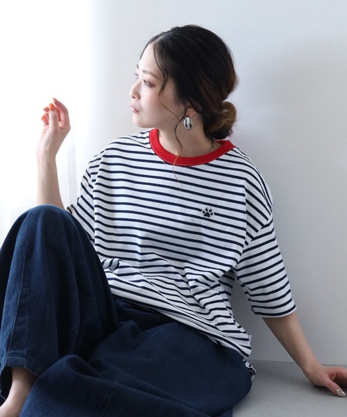 FUNALIVE(ファンアライブ)の「1ポイント刺繍五分袖Tシャツ 肉球(Tシャツ/カットソー・レディース・ホワイト×ネイビー/ネイビー×ホワイト/グリーン系1・L/M)」の6枚目の写真