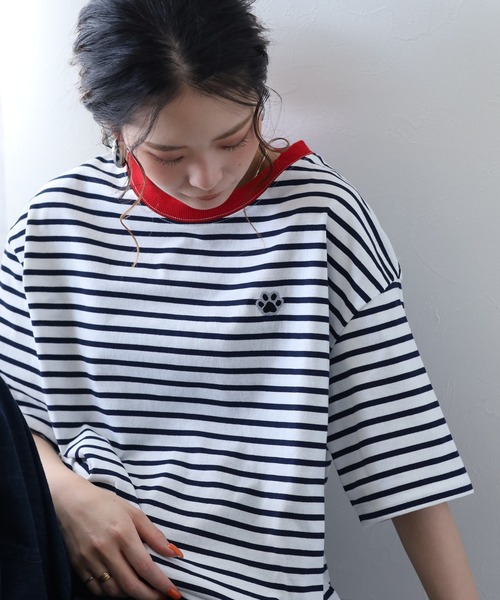 FUNALIVE(ファンアライブ)の「1ポイント刺繍五分袖Tシャツ 肉球(Tシャツ/カットソー・レディース・ホワイト×ネイビー/ネイビー×ホワイト/グリーン系1・L/M)」の7枚目の写真