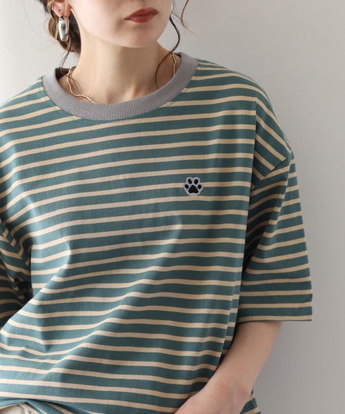 FUNALIVE(ファンアライブ)の「1ポイント刺繍五分袖Tシャツ 肉球(Tシャツ/カットソー・レディース・ホワイト×ネイビー/ネイビー×ホワイト/グリーン系1・L/M)」の10枚目の写真