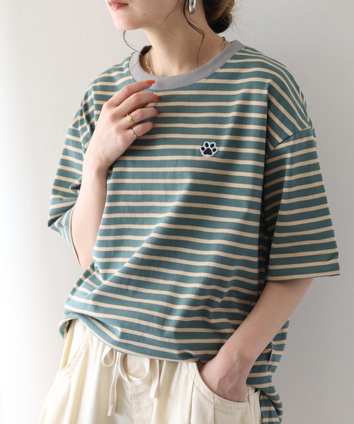 FUNALIVE(ファンアライブ)の「1ポイント刺繍五分袖Tシャツ 肉球(Tシャツ/カットソー・レディース・ホワイト×ネイビー/ネイビー×ホワイト/グリーン系1・L/M)」の11枚目の写真