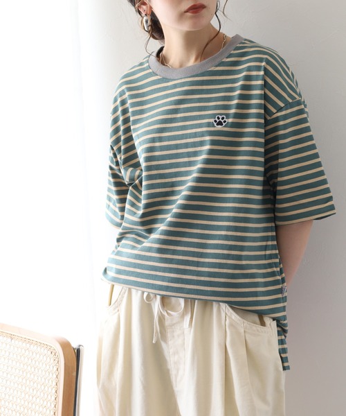 FUNALIVE(ファンアライブ)の「1ポイント刺繍五分袖Tシャツ 肉球(Tシャツ/カットソー・レディース・ホワイト×ネイビー/ネイビー×ホワイト/グリーン系1・L/M)」の12枚目の写真
