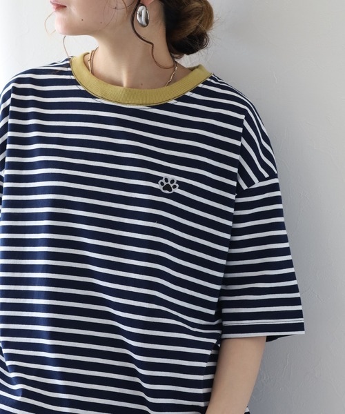 FUNALIVE(ファンアライブ)の「1ポイント刺繍五分袖Tシャツ 肉球(Tシャツ/カットソー・レディース・ホワイト×ネイビー/ネイビー×ホワイト/グリーン系1・L/M)」の16枚目の写真