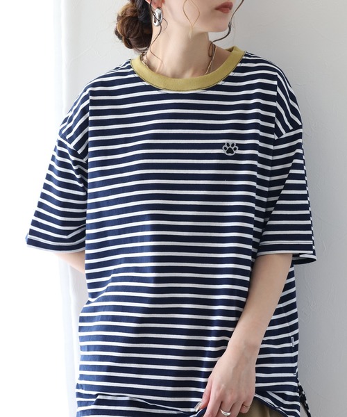 FUNALIVE(ファンアライブ)の「1ポイント刺繍五分袖Tシャツ 肉球(Tシャツ/カットソー・レディース・ホワイト×ネイビー/ネイビー×ホワイト/グリーン系1・L/M)」の17枚目の写真