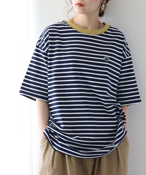 FUNALIVE(ファンアライブ)の「1ポイント刺繍五分袖Tシャツ 肉球(Tシャツ/カットソー・レディース・ホワイト×ネイビー/ネイビー×ホワイト/グリーン系1・L/M)」の18枚目の写真