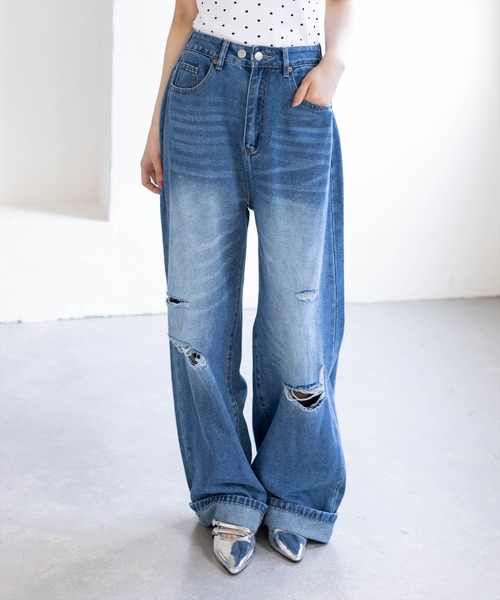 clear（クリア）の「【低身長対応／サイズ展開あり】ダメージワイドデニムパンツ［骨格ストレート／カジュアル／シンプル／ラフ］（デニムパンツ・レディース・ブルー/ライトブルー・M/PS/S）」の2枚目の写真