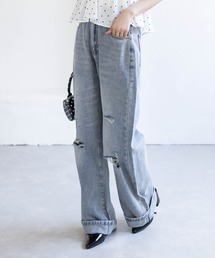 clear | 【低身長対応／サイズ展開あり】ダメージワイドデニムパンツ［骨格ストレート／カジュアル／シンプル／ラフ］(デニムパンツ)