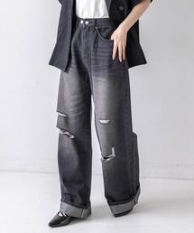 clear | 【低身長対応／サイズ展開あり】ダメージワイドデニムパンツ［骨格ストレート／カジュアル／シンプル／ラフ］(デニムパンツ)