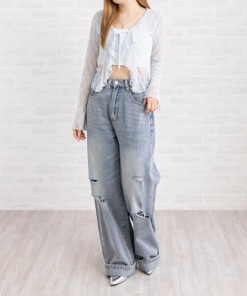 clear（クリア）の「【低身長対応／サイズ展開あり】ダメージワイドデニムパンツ［骨格ストレート／カジュアル／シンプル／ラフ］（デニムパンツ・レディース・ブルー/ライトブルー・M/PS/S）」の3枚目の写真