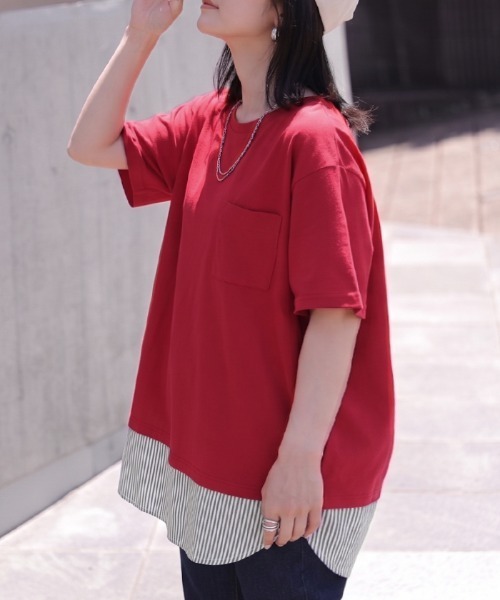 HUG.U(ハグユー)の「「重ね着風」UVカット × 接触冷感 Tシャツ(Tシャツ/カットソー・レディース・レッド/ブラック/ホワイト・FREE)」の5枚目の写真