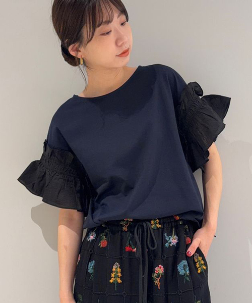 SLOBE IENA(スローブイエナ)の「《汗染み防止》フリルスリーブプルオーバー(Tシャツ/カットソー・レディース・ホワイト/ネイビー・FREE)」の9枚目の写真