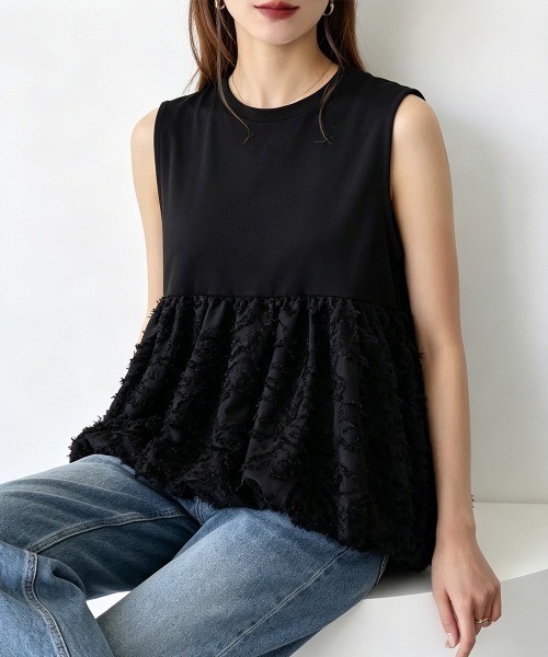 Miniministore(ミニミニストア)の「フェザー切替ノースリーブペプラムブラウス(シャツ/ブラウス・レディース・ブラック/ホワイト・FREE)」の13枚目の写真