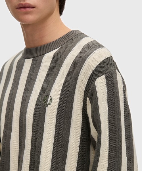FRED PERRY（フレッドペリー）の「Textured Stripe Jumper／テクスチャードストライプジャンパー（ニット/セーター・メンズ・ダークオリーブ・S/M/L）」の3枚目の写真