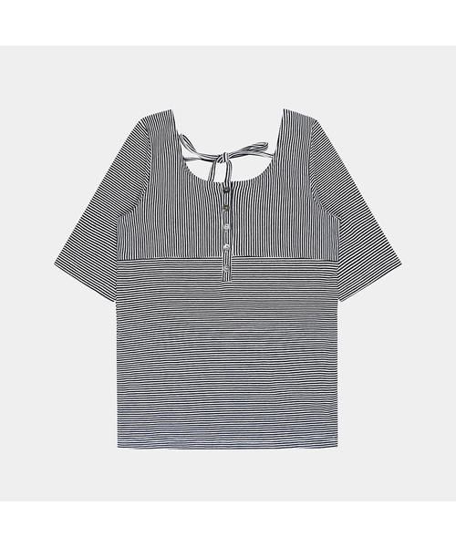 PIGMENT(ピグメント)の「ジャストライプリボンTシャツ (YZTS2603110)(Tシャツ/カットソー・レディース・ネイビー/アイボリー・FREE)」の1枚目の写真