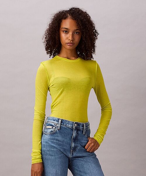 Calvin Klein(カルバン・クライン)の「長袖Tシャツ - ロングスリーブトップ(Tシャツ/カットソー・レディース・イエロー×グリーン/ブラック・XS/S/M)」の2枚目の写真