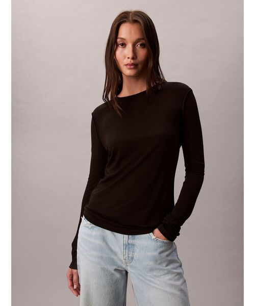 Calvin Klein(カルバン・クライン)の「長袖Tシャツ - ロングスリーブトップ(Tシャツ/カットソー・レディース・イエロー×グリーン/ブラック・XS/S/M)」の1枚目の写真