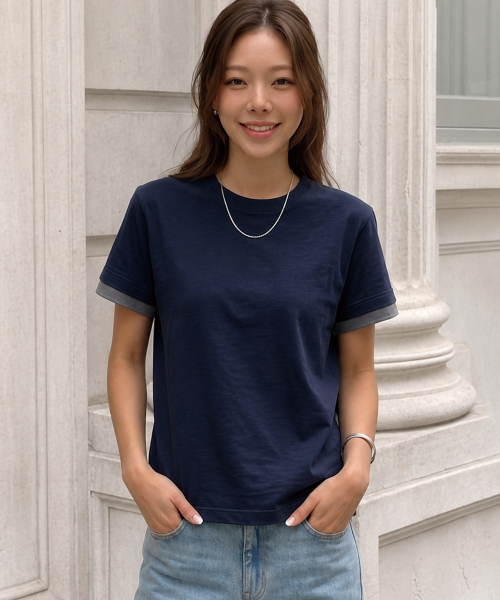 VANNWORKS（バンワークス）の「[クロップ] レイヤードロールアップ半袖Tシャツ (VS0301) ネイビー（Tシャツ/カットソー・レディース・その他・MEDIUM/LARGE/X-LARGE）」の6枚目の写真