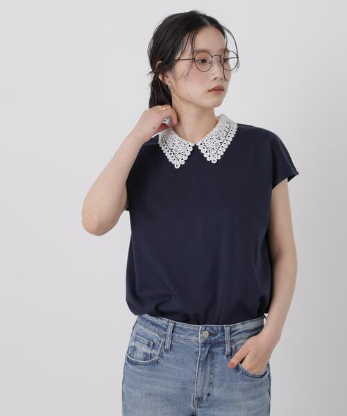 NANO universe(ナノユニバース)の「レース衿取り外しノースリーブカットトップス(Tシャツ/カットソー・レディース・オフホワイト/ネイビー・FREE)」の1枚目の写真