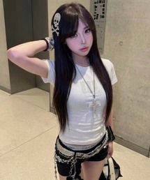 【Y2K】バックエンジェルラインストーンタイトチビTシャツ