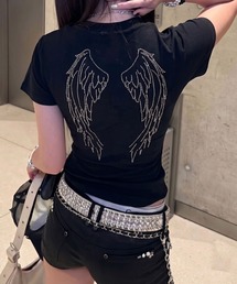 【Y2K】バックエンジェルラインストーンタイトチビTシャツ