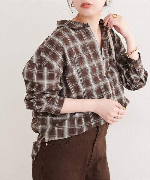 natural couture(ナチュラルクチュール)の「便利なマルチWAYチェックシャツ(シャツ/ブラウス・レディース・ブラウン/ブラック・FREE)」の3枚目の写真