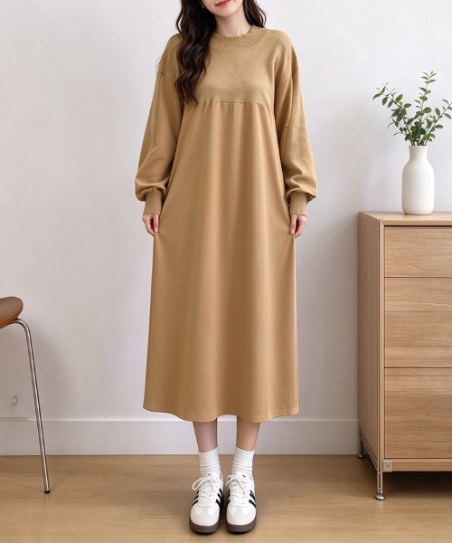 ONEP STAR(ワンピスター)の「異素材切り替えバックタック長袖ワンピース(ワンピース・レディース・ライトブラウン/グリーン・FREE)」の10枚目の写真