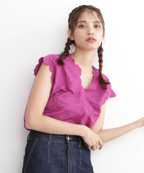 FREE'S MART（フリーズマート）の「エンブロイダリー半袖ブラウス●（シャツ/ブラウス・レディース・ブラック/ホワイト/パープル/グリーン・FREE）」の4枚目の写真