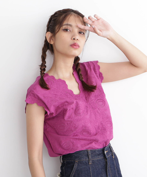 FREE'S MART（フリーズマート）の「エンブロイダリー半袖ブラウス●（シャツ/ブラウス・レディース・ブラック/ホワイト/パープル/グリーン・FREE）」の16枚目の写真