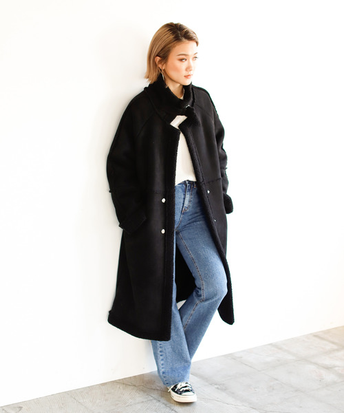 Auntie Rosa Holiday(アンティローザホリデー)の「【Holiday】ボアムートン切り替えロングアビエーターコート(その他アウター)」|ブラック