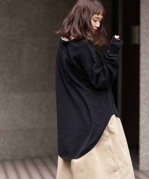 made in standard （メイドインスタンダード）の「ワッフル バックヘンリーネック プルオーバー 2WAY カットソー（Tシャツ/カットソー・レディース・ブラック/オリーブ/杢グレー/キナリ・FREE）」の3枚目の写真