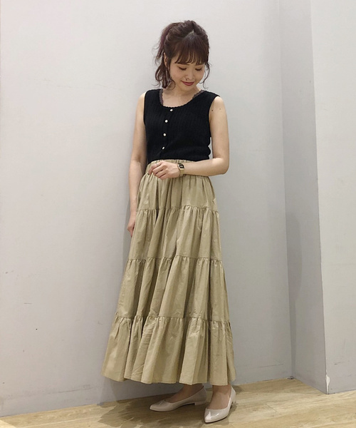 earth music&ecology（アースミュージックアンドエコロジー）の「カラーティアードスカート ○（スカート・レディース・オフホワイト/スモークピンク/ベージュ/ライトブラウン/グリーン/ブラック・FREE）」の4枚目の写真