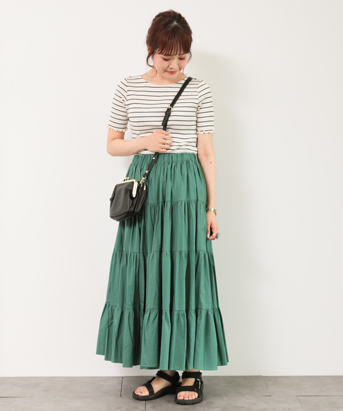 earth music&ecology（アースミュージックアンドエコロジー）の「カラーティアードスカート ○（スカート・レディース・オフホワイト/スモークピンク/ベージュ/ライトブラウン/グリーン/ブラック・FREE）」の7枚目の写真