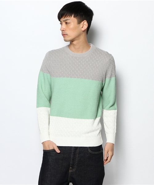 green label relaxing（グリーンレーベルリラクシング）の「☆TRI/COLOR PANEL C/N 5G ニット ◆（ニット/セーター・メンズ・グレー/ロイヤルブルー・LARGE/MEDIUM/SMALL）」の2枚目の写真