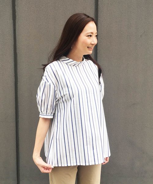 A/C DESIGN BY ALPHA CUBIC（エーシーデザインバイアルファキュービック）の「ロールネックストライプブラウス（シャツ/ブラウス・レディース・ネイビー/ホワイト/ブルー・13号/11号/9号）」の3枚目の写真