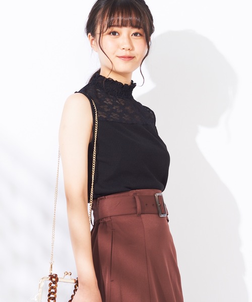 WEGO（ウィゴー）の「WEGO/レースシャーリングハイネックリブノースリーブTシャツ（タンクトップ・レディース・ホワイト/ブラック/ピンク・FREE）」の3枚目の写真