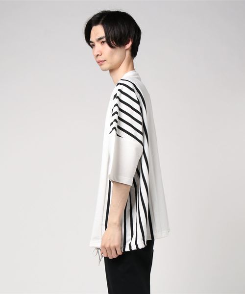 Beno(ビーノ)の「ミニ裏毛 / ハイブリッド ストライプ切替 オーバーサイズ スピンドル Tシャツ(Tシャツ/カットソー・メンズ・ベージュ/オフホワイト/ブラック・FREE)」の5枚目の写真