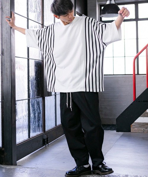 Beno(ビーノ)の「ミニ裏毛 / ハイブリッド ストライプ切替 オーバーサイズ スピンドル Tシャツ(Tシャツ/カットソー・メンズ・ベージュ/オフホワイト/ブラック・FREE)」の7枚目の写真