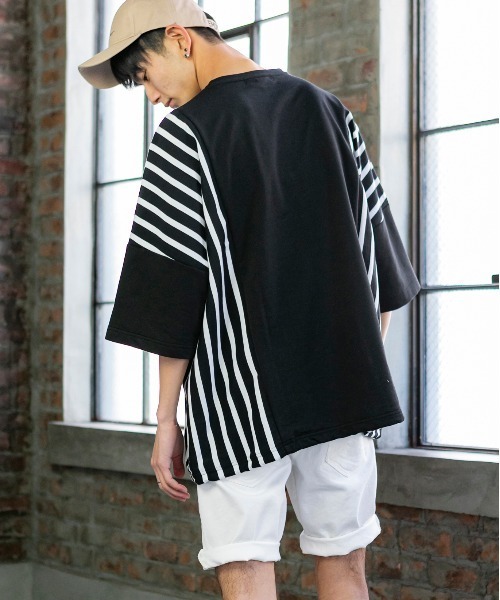 Beno(ビーノ)の「ミニ裏毛 / ハイブリッド ストライプ切替 オーバーサイズ スピンドル Tシャツ(Tシャツ/カットソー・メンズ・ベージュ/オフホワイト/ブラック・FREE)」の11枚目の写真