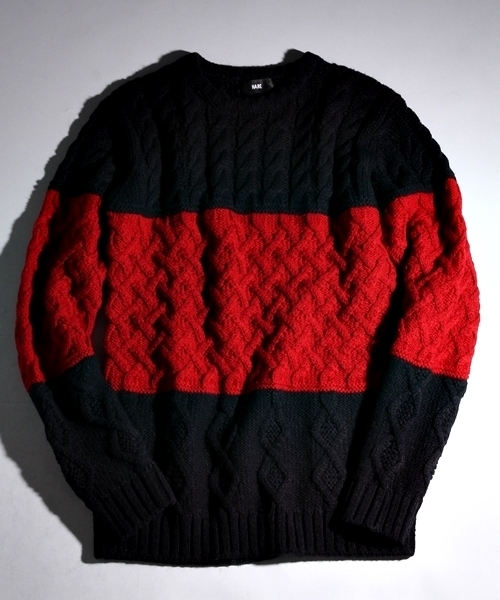 HARE(ハレ)の「ケーブルハイショクニットプルオーバー【HARE】(ニット/セーター・メンズ・ネイビー/オフホワイト/ブラック・SMALL/LARGE/MEDIUM)」の1枚目の写真