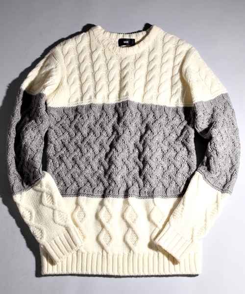 HARE(ハレ)の「ケーブルハイショクニットプルオーバー【HARE】(ニット/セーター・メンズ・ネイビー/オフホワイト/ブラック・SMALL/LARGE/MEDIUM)」の2枚目の写真