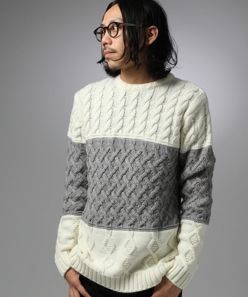 HARE(ハレ)の「ケーブルハイショクニットプルオーバー【HARE】(ニット/セーター・メンズ・ネイビー/オフホワイト/ブラック・SMALL/LARGE/MEDIUM)」の5枚目の写真